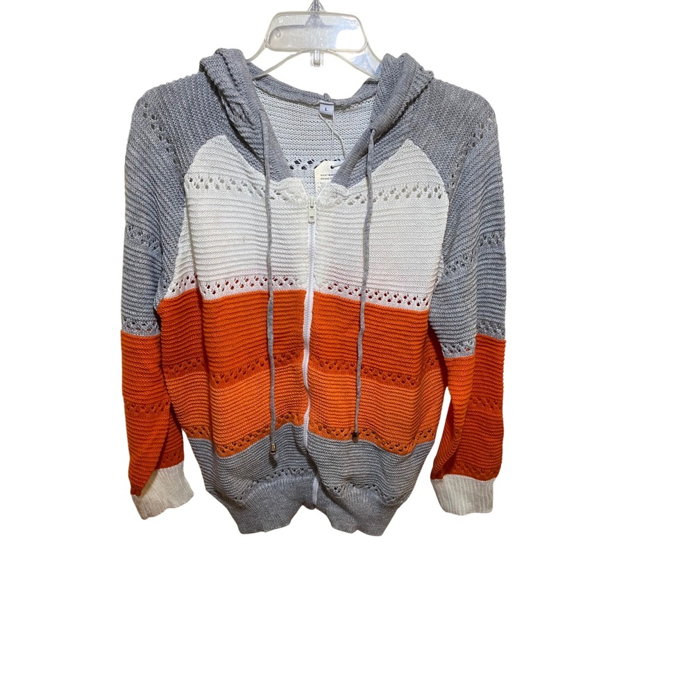Colorblock Pointelle Knit Zip‎ Up Hoodie Sweater Grey Orange White Large